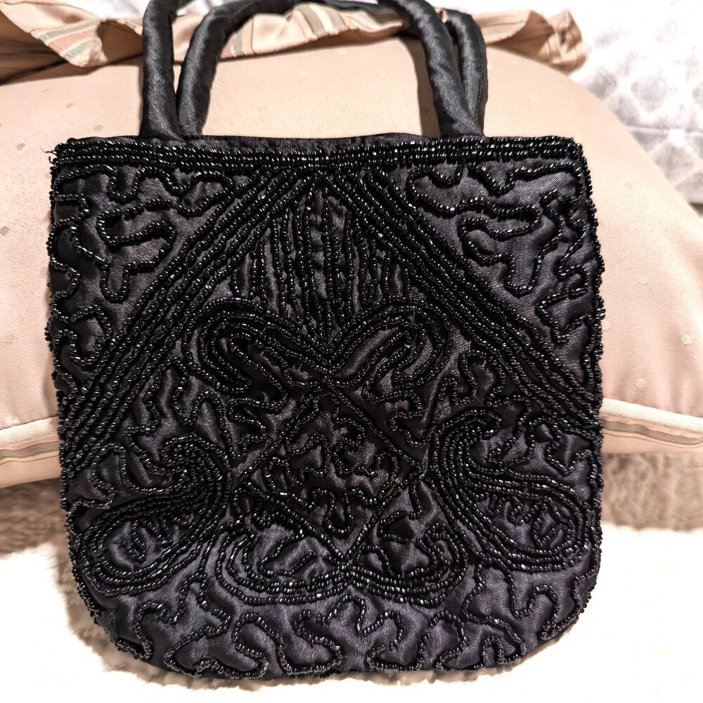 Vintage Glass seed beads evening Bag Hand Bag Black made in India Nice and Cute
